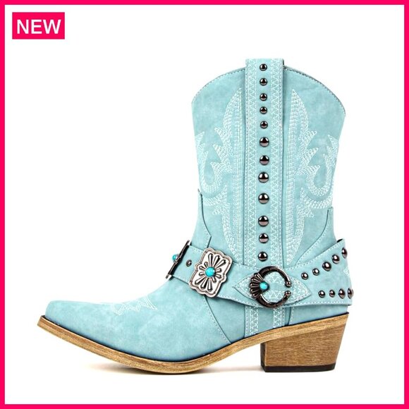 Shoes - Western Ankle Boots with Embroidery Studded Harness 2-Inch Heel